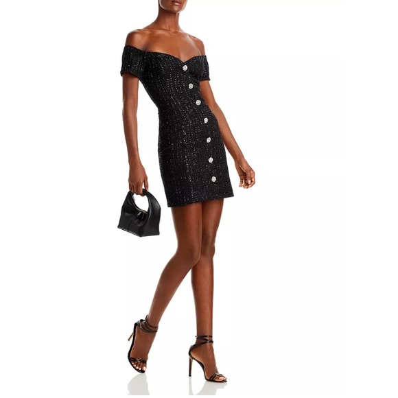 AQUA Black Tweed Mini Dress Off Shoulder Party Cocktail Rhinestone Buttons M - Picture 2 of 16